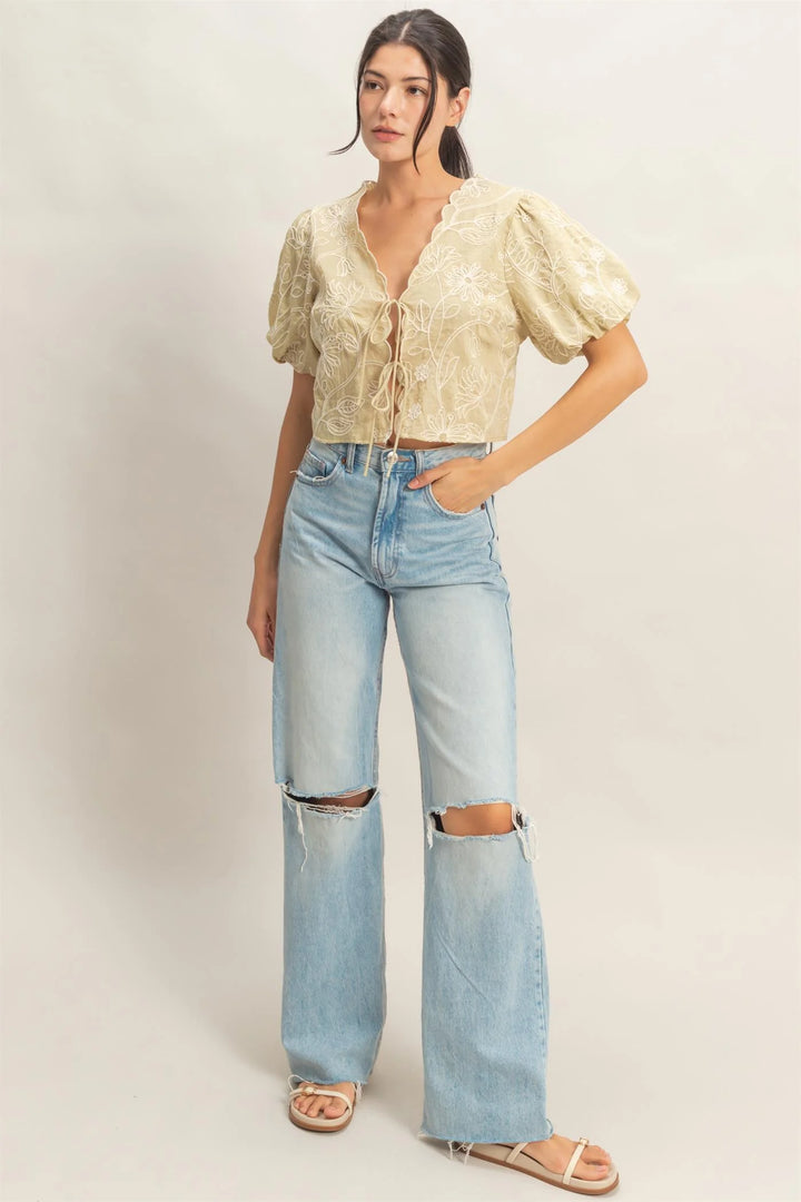 Embroidered Tie-Front Top
