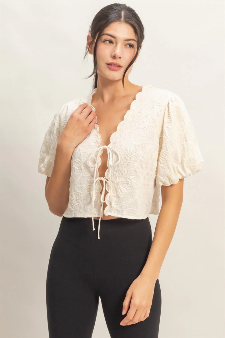 Embroidered Tie-Front Top