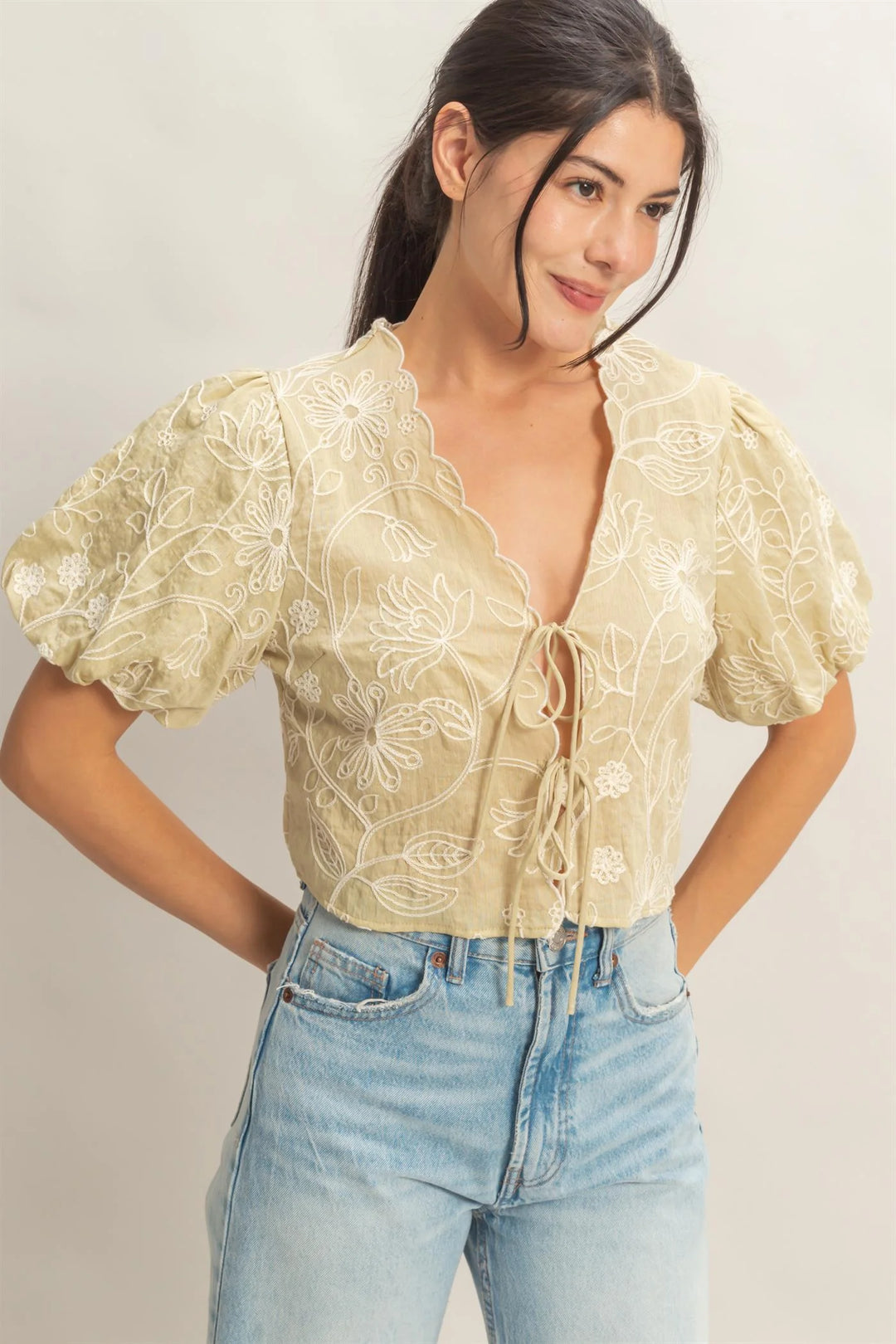 Embroidered Tie-Front Top