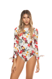 White Floral Long-Sleeve Sporty One Piece