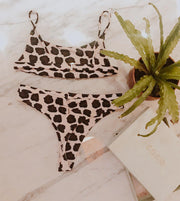 Dark Brown & White Animal Print High Waist Thong Bikini Bottom