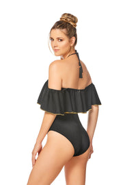 Very Black Off Shoulder One Piece Swimsuit