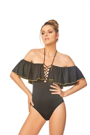 Very Black Off Shoulder One Piece Swimsuit