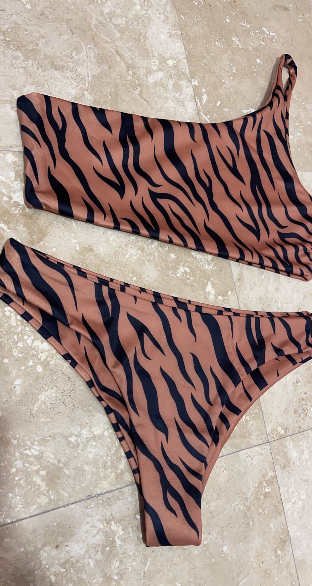 Brown Tiger One Shoulder Bikini Top