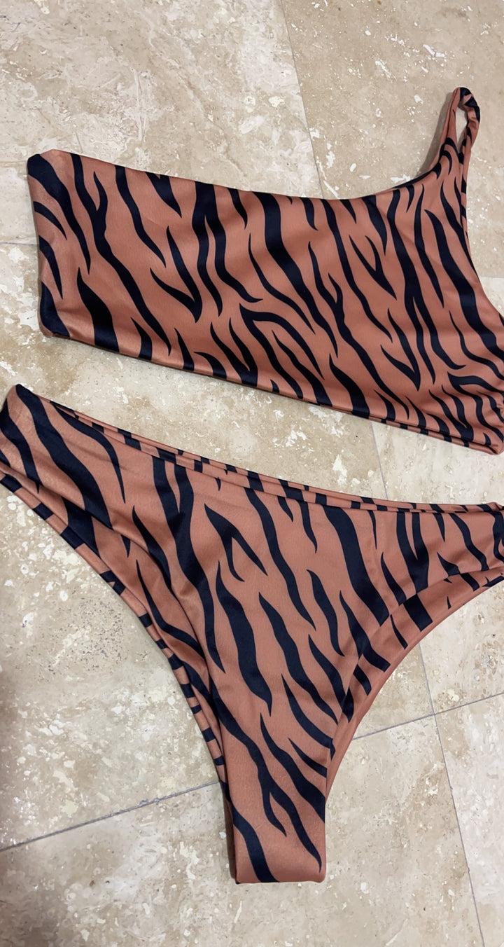 Brown Tiger One Shoulder Bikini Top