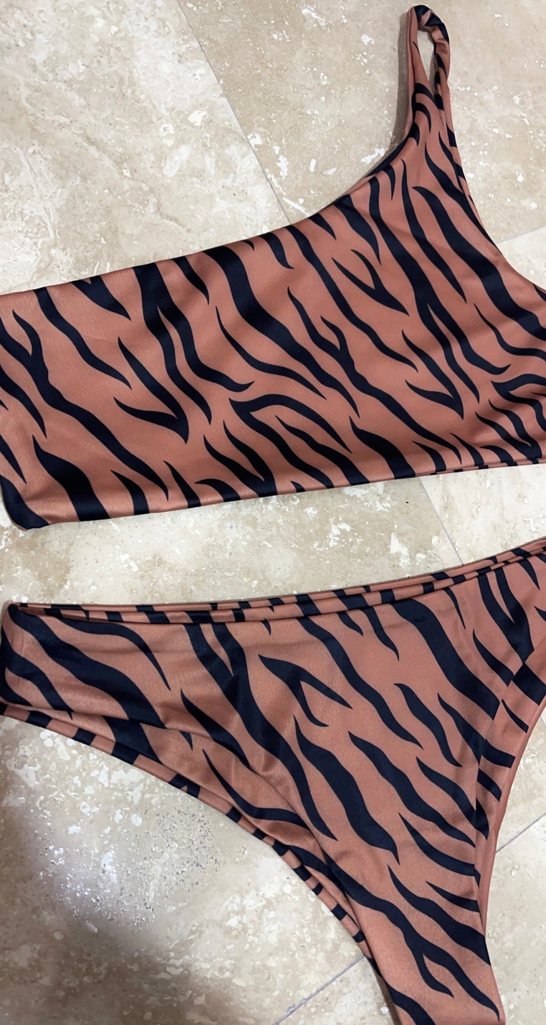 Brown Tiger One Shoulder Bikini Top